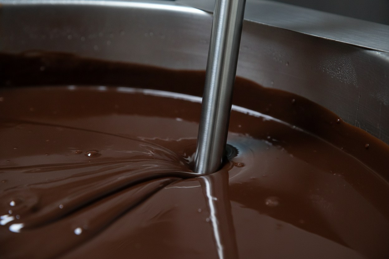 Termómetro de sonda sumergido en chocolate templado dentro de la cuba de acero