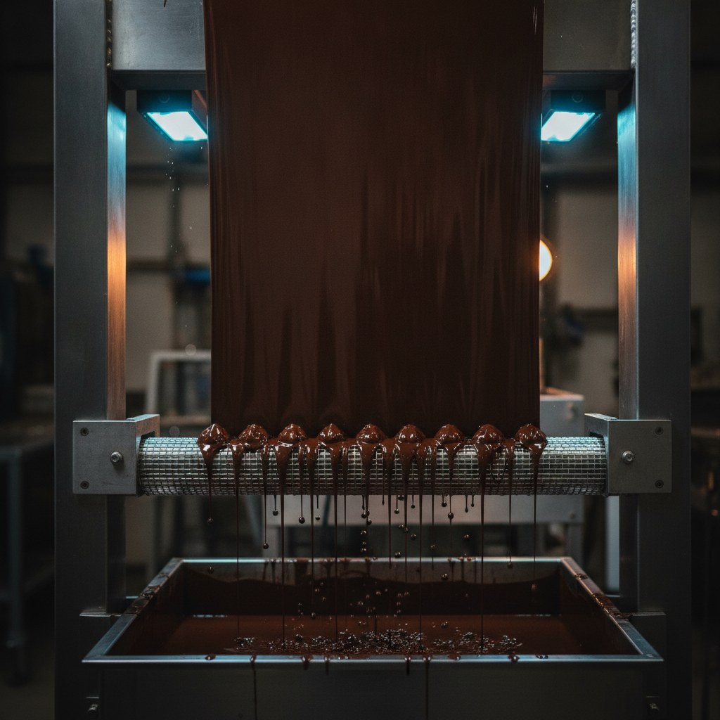 Cortina de chocolate cayendo sobre la banda de la enrobadora en el taller