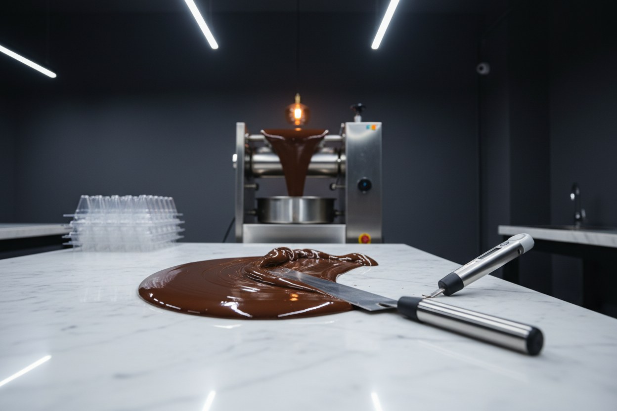 Mesa de mármol del taller con chocolate temperado en trabajo y termómetro de sonda