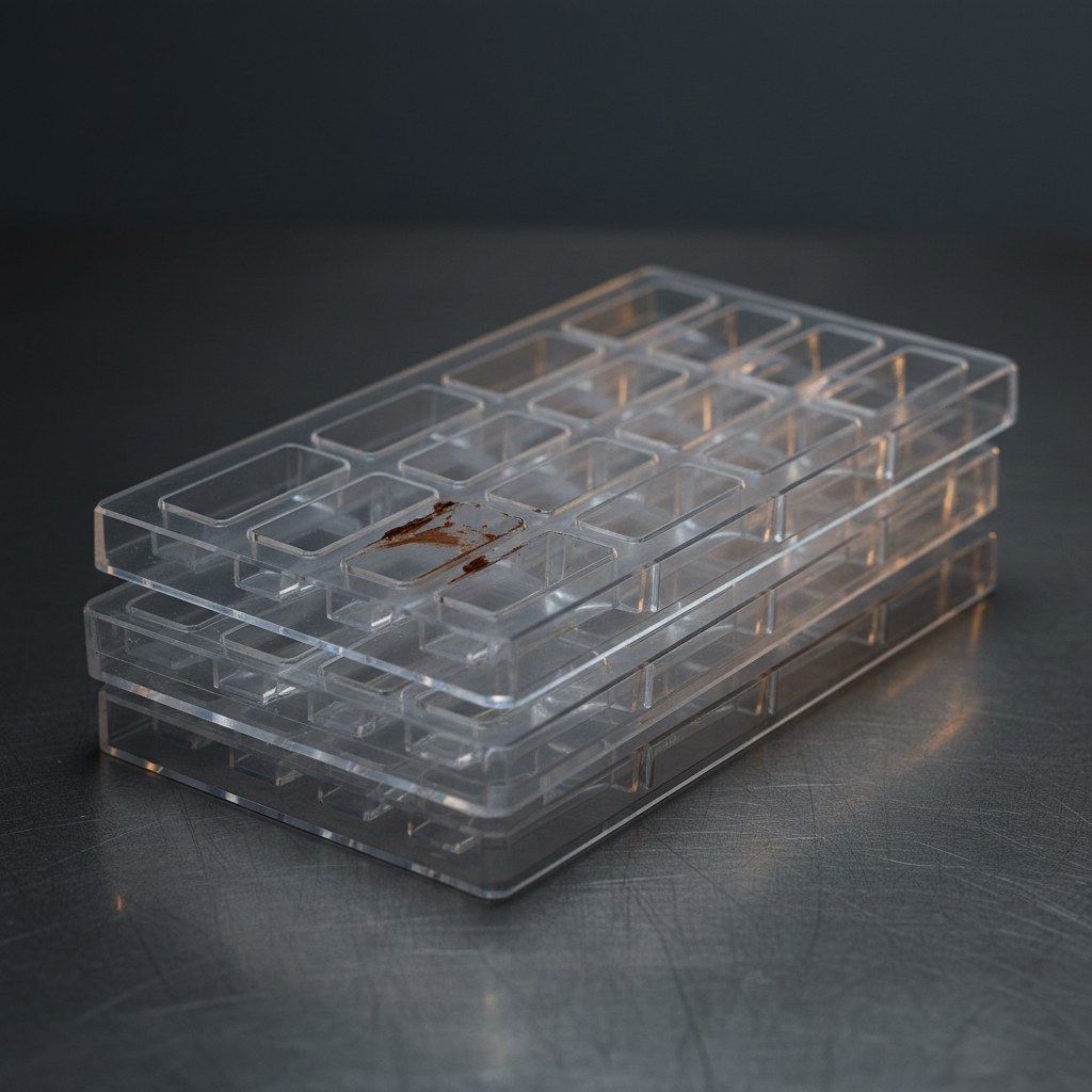 Moldes de policarbonato apilados con cavidades para tabletas de ochenta gramos