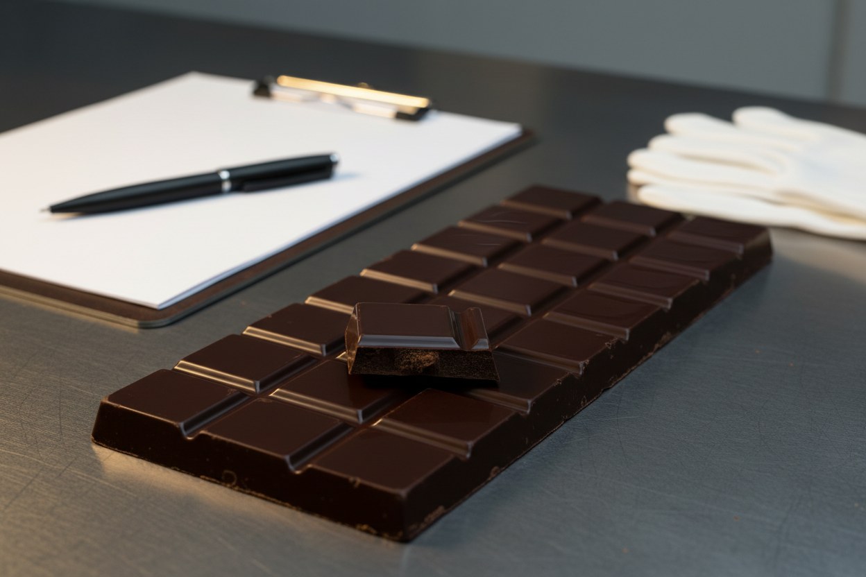 Barras de chocolate templado recién desmoldadas junto al reporte de lote impreso